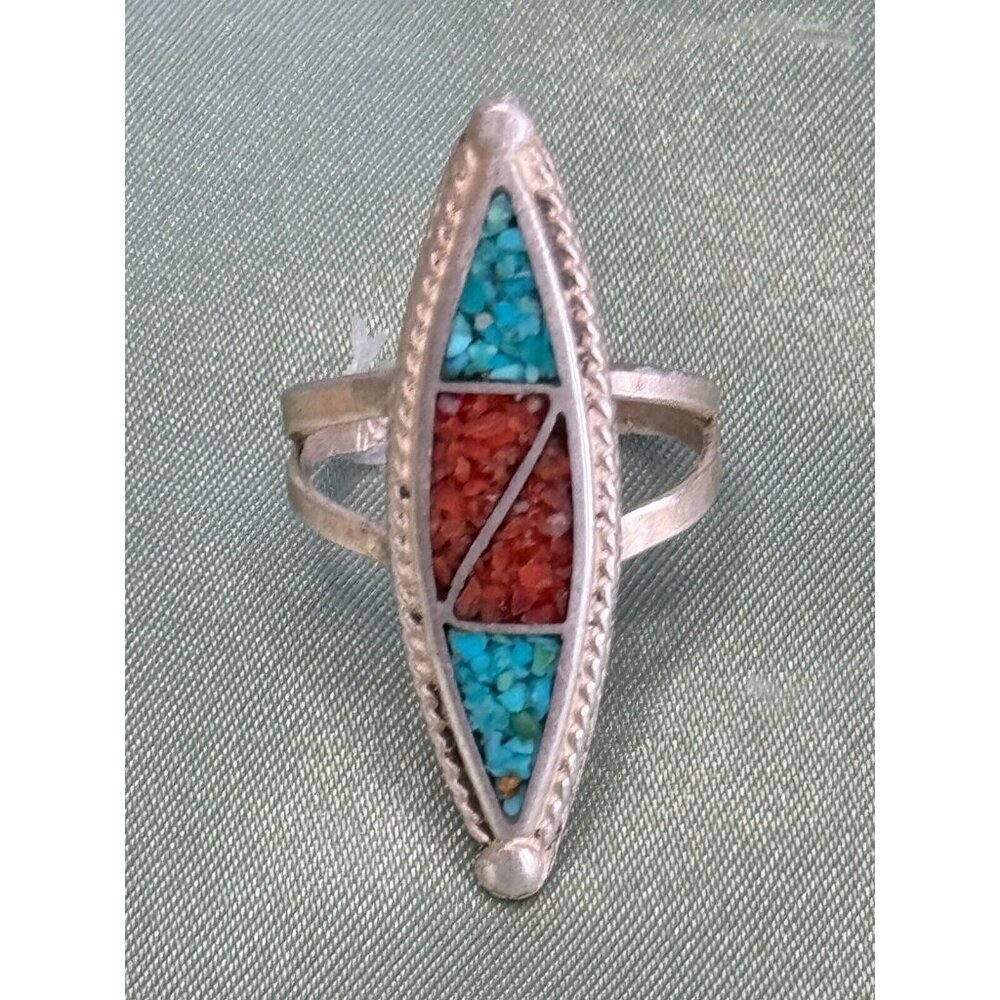 Navajo Native American Genuine Turquoise Coral Mosaic Inlay Sterling Ring sz 5.5 - Picture 2 of 10